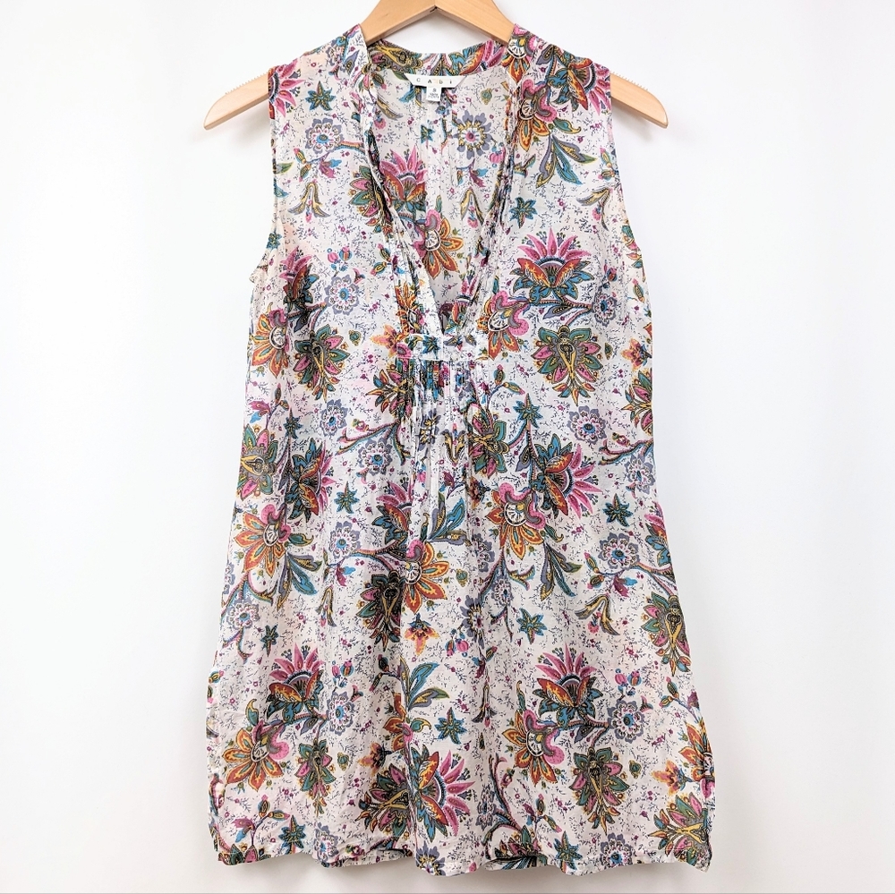 Cabi Tunic Blouse Silk Paisley Floral Pleated Pintuck Detail Sleeveless V-Neck S